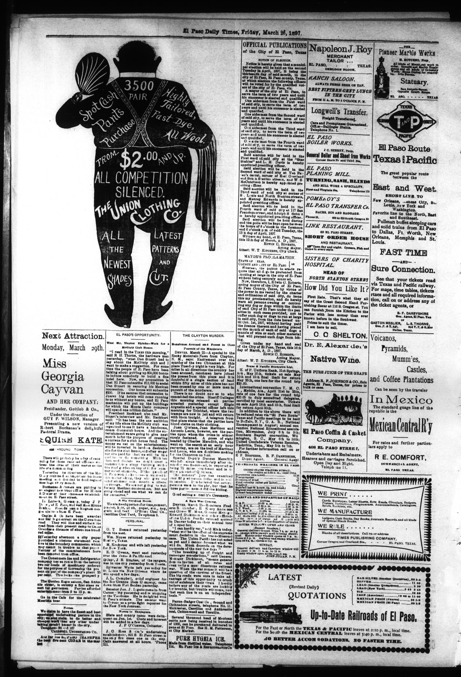 El Paso International Daily Times (El Paso, Tex.), Vol. 17, No. 151, Ed. 1 Saturday, June 26, 1897
                                                
                                                    [Sequence #]: 4 of 8
                                                