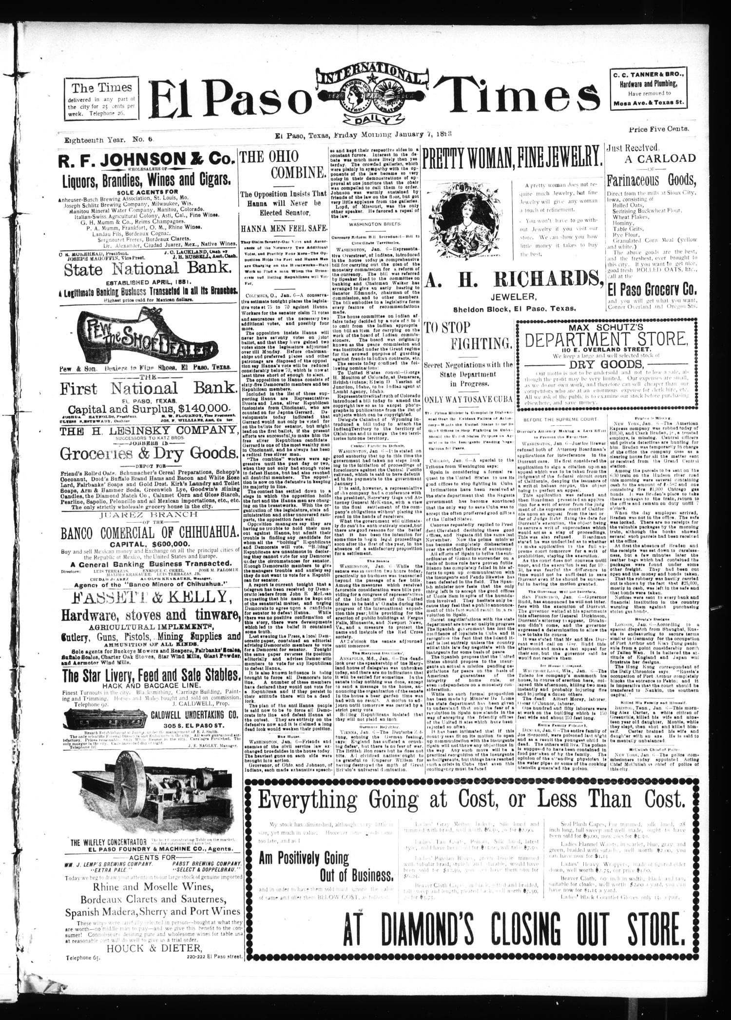 El Paso International Daily Times (El Paso, Tex.), Vol. 18, No. 6, Ed. 1 Friday, January 7, 1898
                                                
                                                    [Sequence #]: 1 of 4
                                                