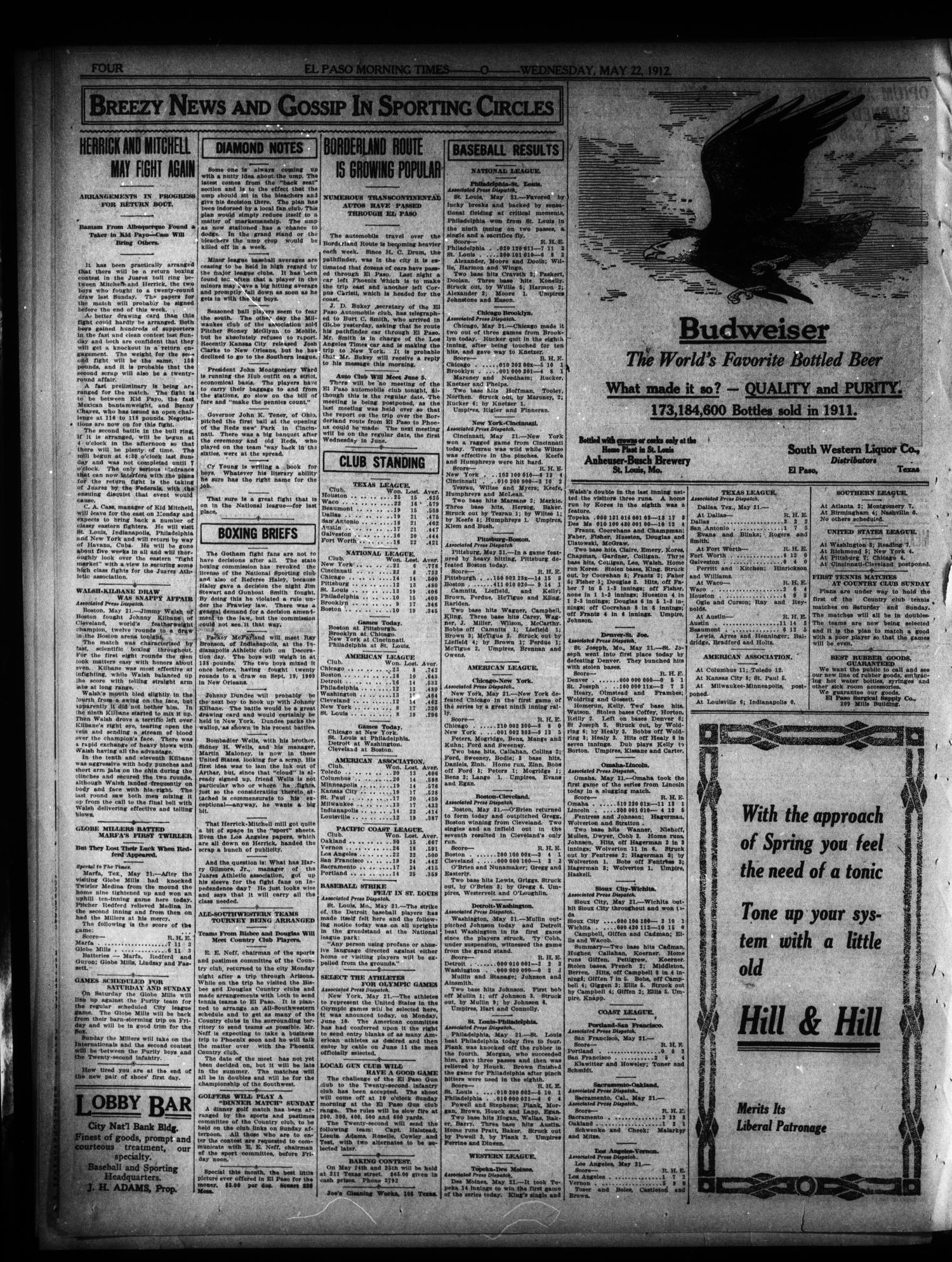 El Paso Morning Times (El Paso, Tex.), Vol. 32, Ed. 1 Wednesday, May 22, 1912
                                                
                                                    [Sequence #]: 4 of 12
                                                
