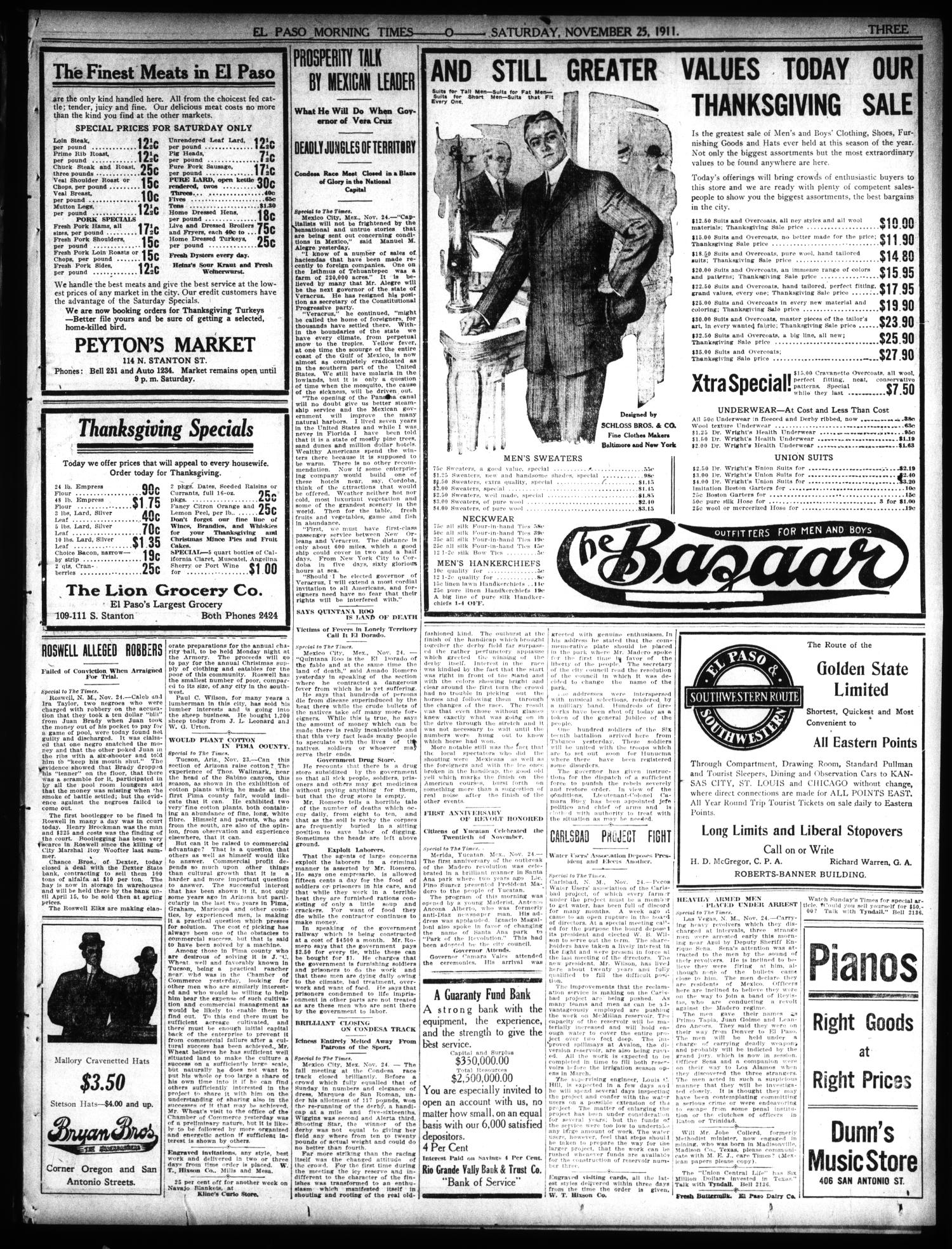 El Paso Morning Times (El Paso, Tex.), Vol. 32, Ed. 1 Saturday, November 25, 1911
                                                
                                                    [Sequence #]: 3 of 12
                                                