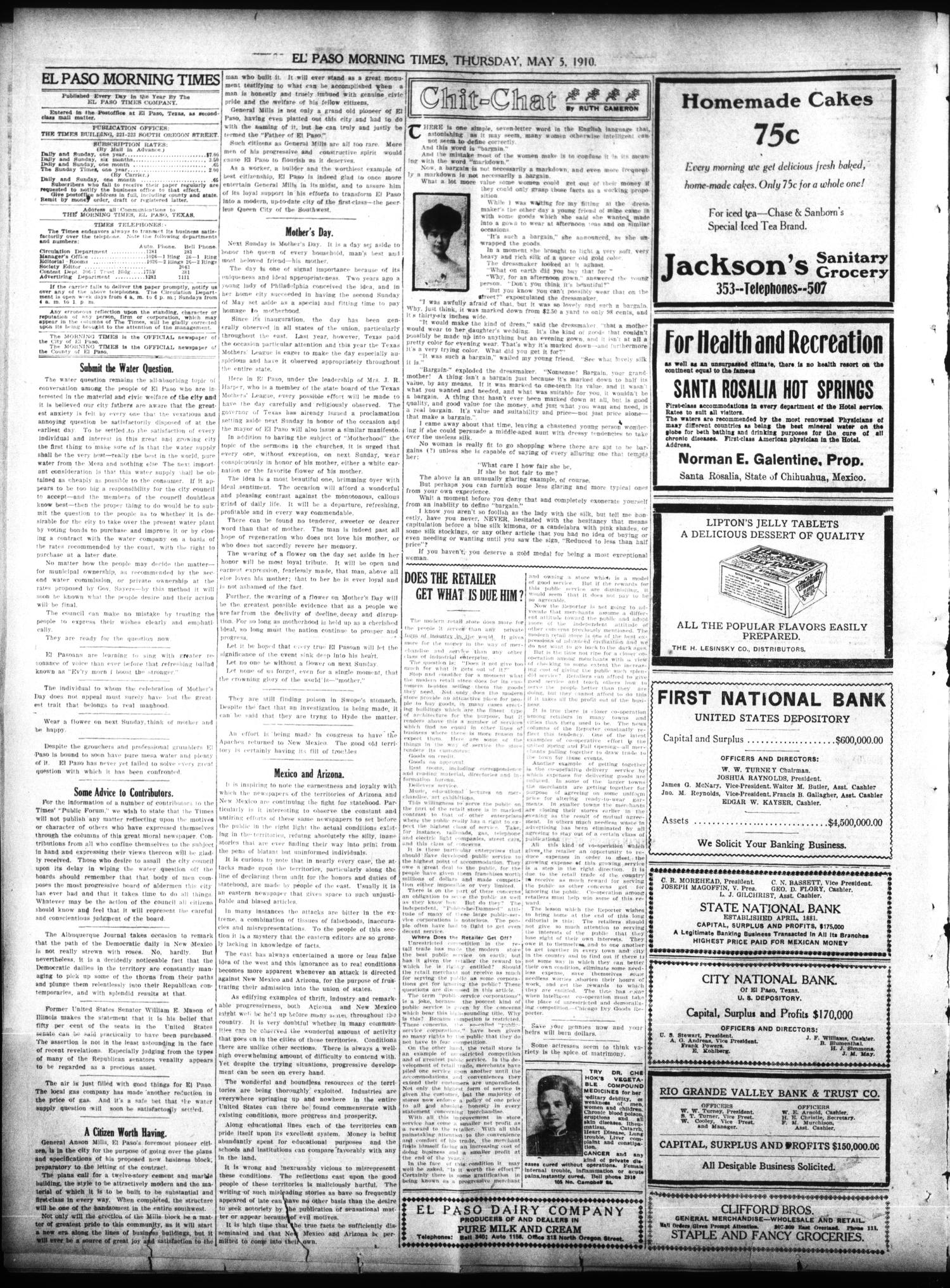El Paso Morning Times (El Paso, Tex.), Vol. 30, Ed. 1 Thursday, May 5, 1910
                                                
                                                    [Sequence #]: 4 of 12
                                                