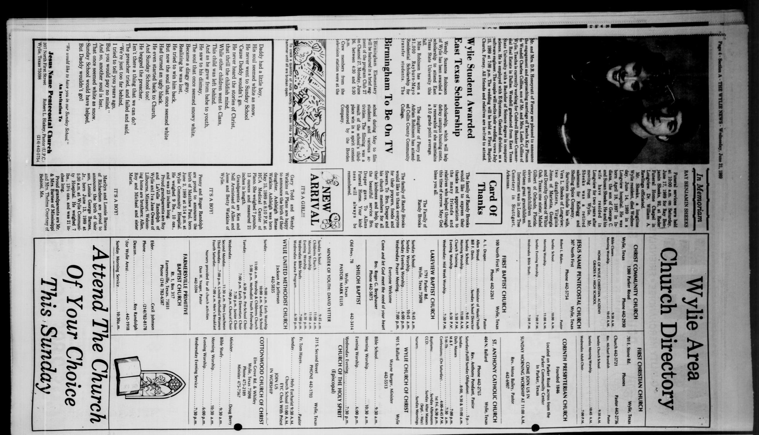 The Wylie News (Wylie, Tex.), Vol. 42, No. 2, Ed. 0 Wednesday, June 21, 1989
                                                
                                                    [Sequence #]: 4 of 16
                                                