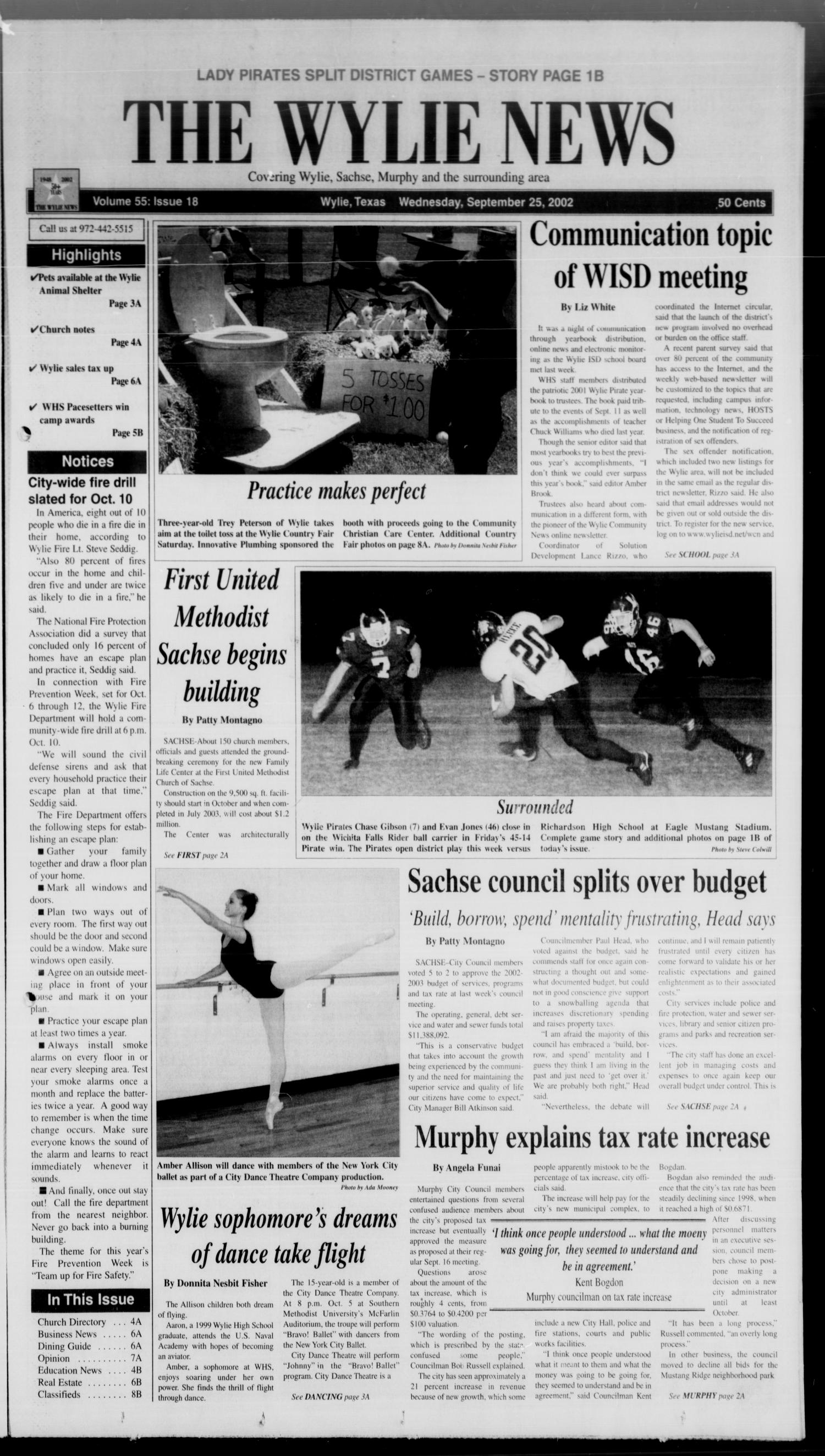 The Wylie News (Wylie, Tex.), Vol. 55, No. 18, Ed. 1 Wednesday, September 25, 2002
                                                
                                                    [Sequence #]: 1 of 18
                                                
