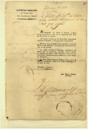 Gobierno Supremo del Estado libre de Coahuila y Tejas, Decree No. 250