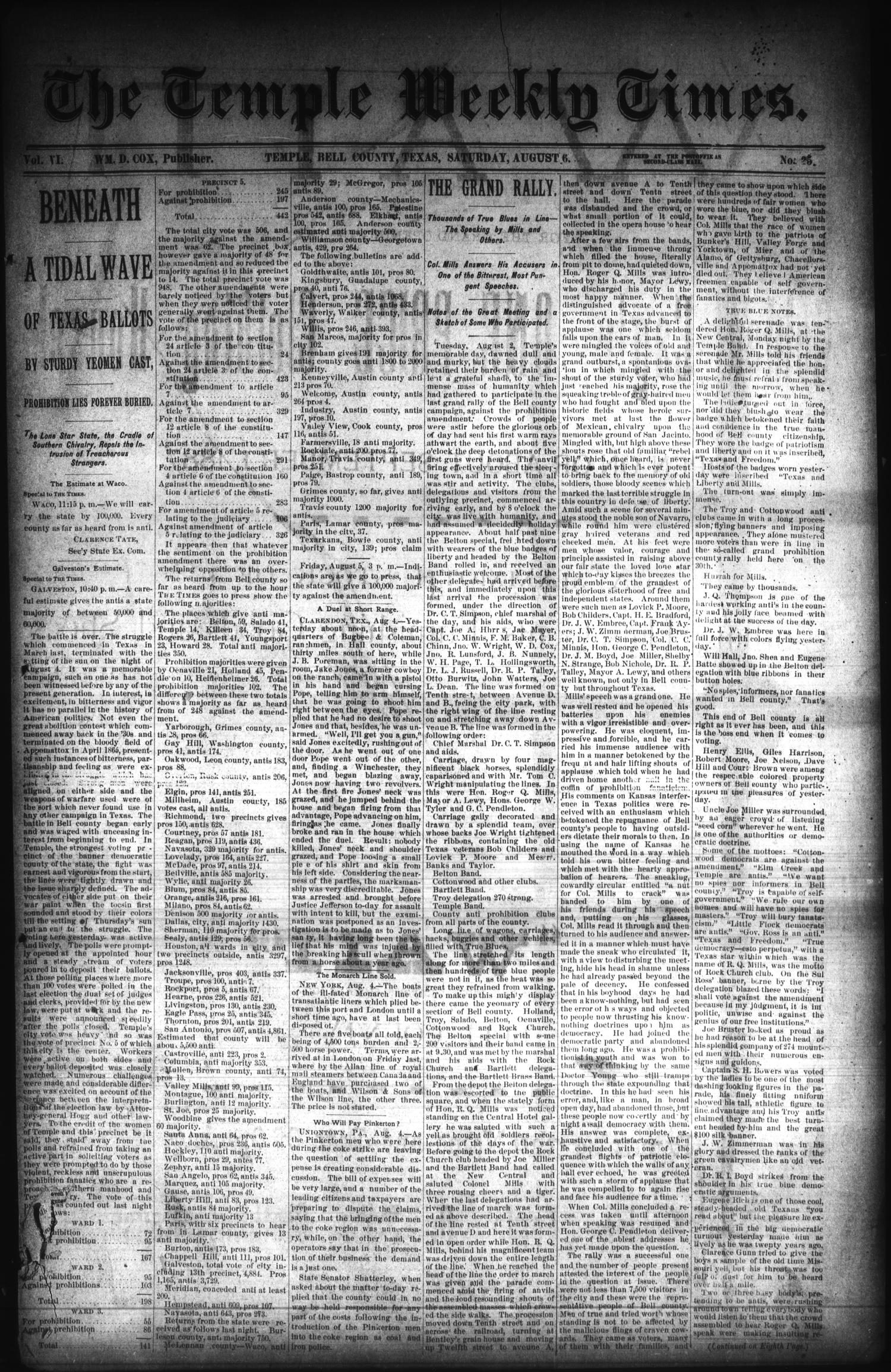 The Temple Weekly Times. (Temple, Tex.), Vol. 6, No. 25, Ed. 1 Saturday, August 6, 1887
                                                
                                                    [Sequence #]: 1 of 8
                                                