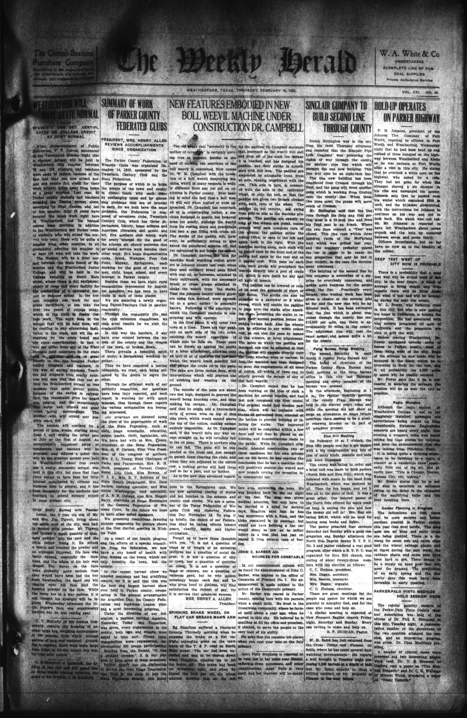 The Weekly Herald (Weatherford, Tex.), Vol. 21, No. 45, Ed. 1 Thursday, February 16, 1922
                                                
                                                    [Sequence #]: 1 of 12
                                                