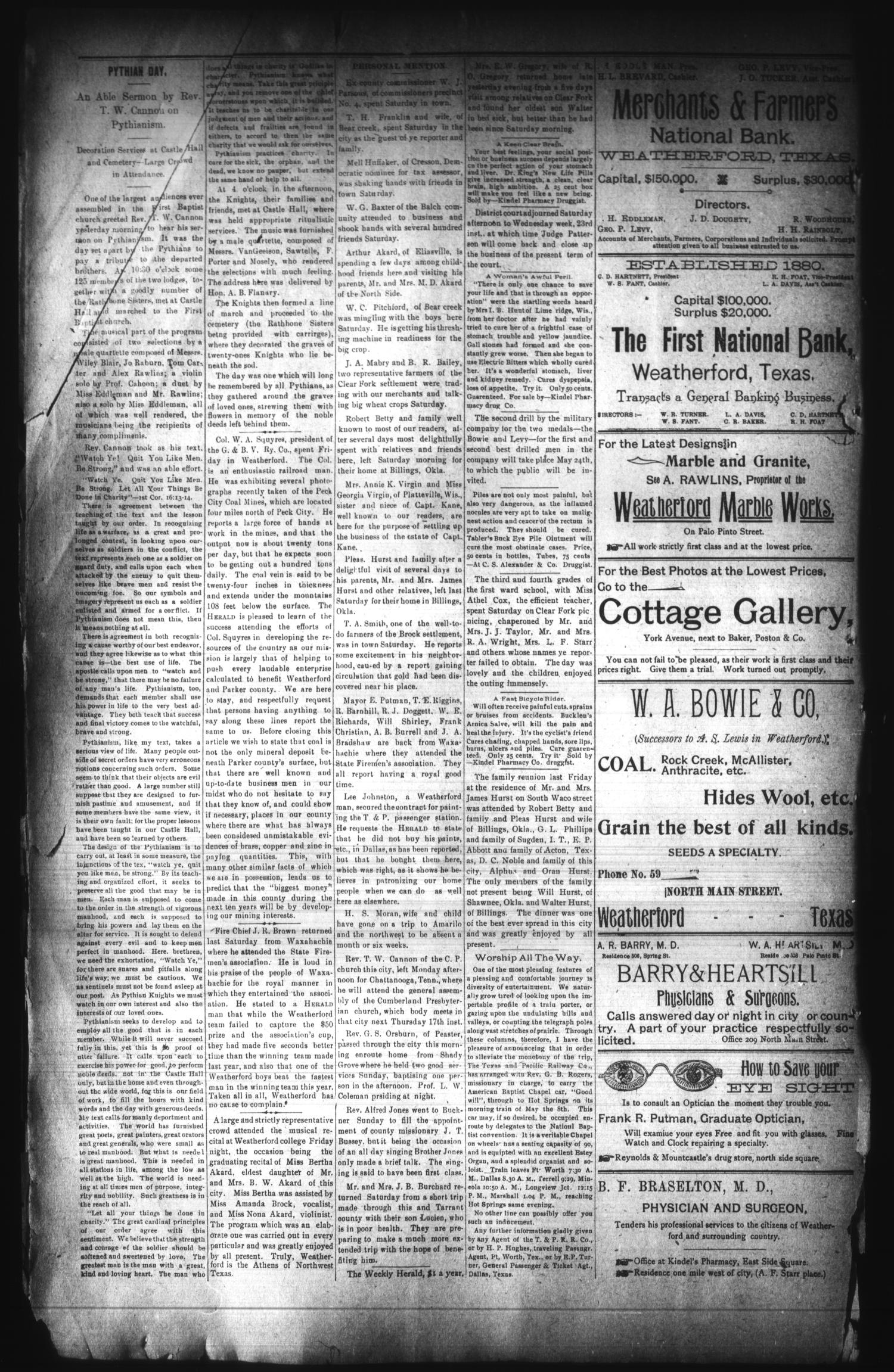 The Weekly Herald. (Weatherford, Tex.), Vol. 1, No. 2, Ed. 1 Thursday, May 17, 1900
                                                
                                                    [Sequence #]: 2 of 8
                                                