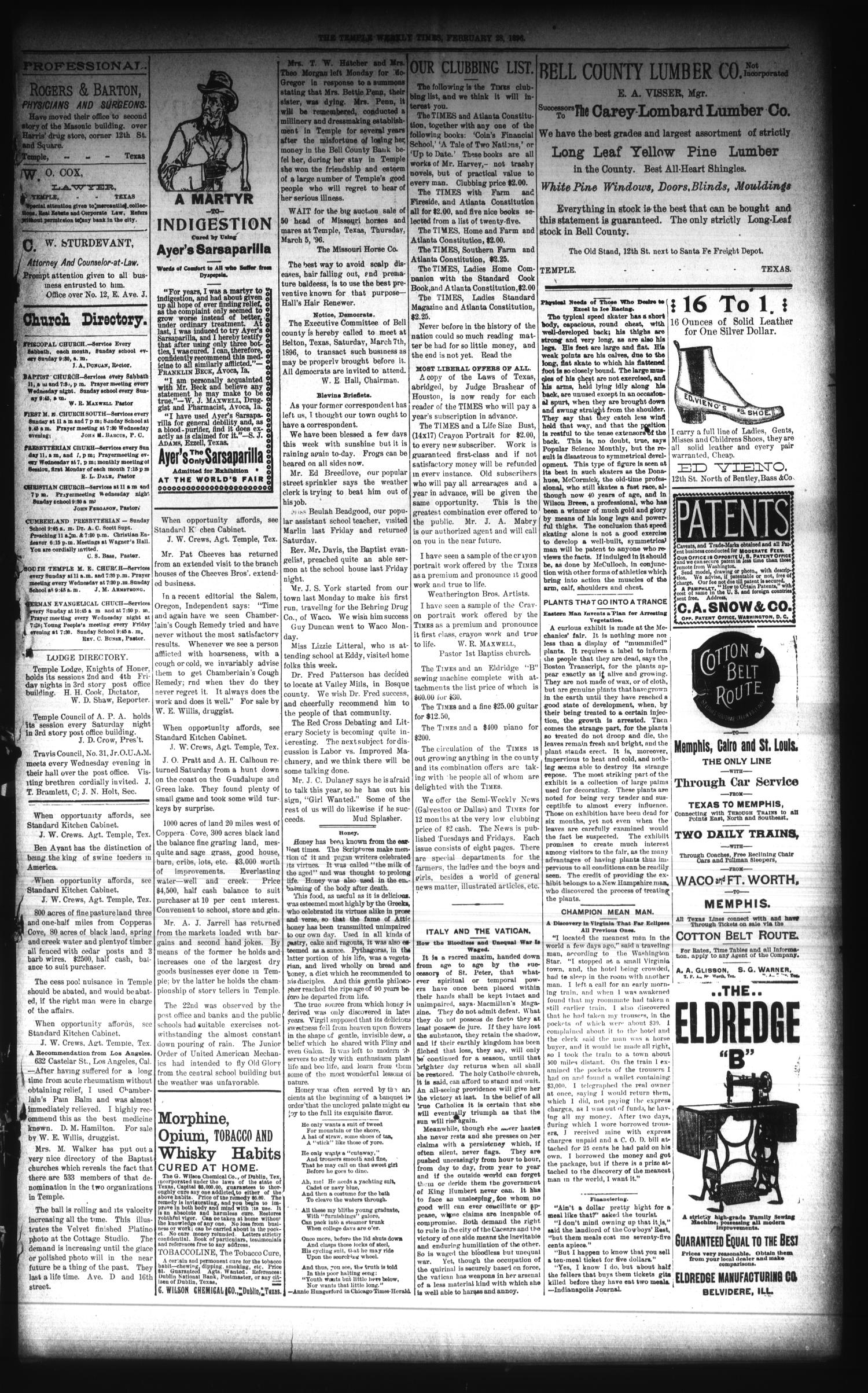 The Temple Times. (Temple, Tex.), Vol. 15, No. 14, Ed. 1 Friday, February 28, 1896
                                                
                                                    [Sequence #]: 3 of 8
                                                
