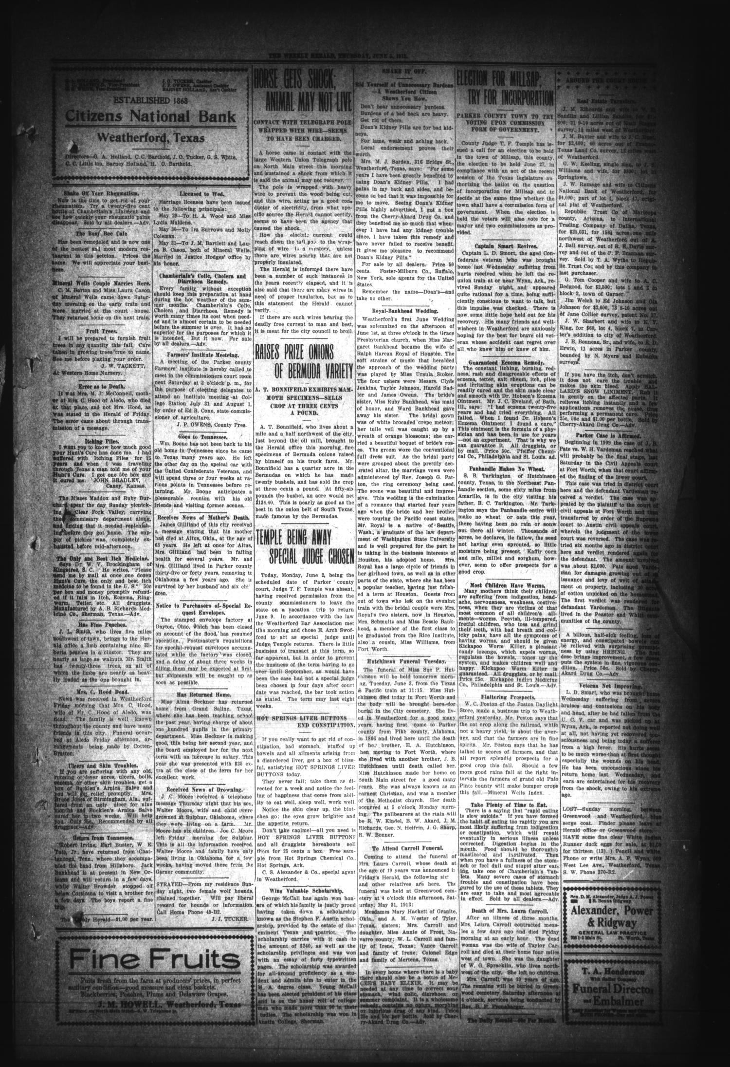 The Weekly Herald. (Weatherford, Tex.), Vol. 14, No. 4, Ed. 1 Thursday, June 5, 1913
                                                
                                                    [Sequence #]: 3 of 8
                                                