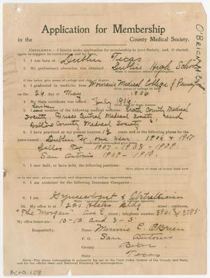 Primary view of object titled '[Medical Association Application: Minnie C. O'Brien, MD]'.