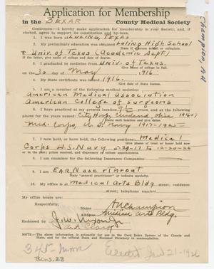 Primary view of object titled '[Medical Association Application: Albert N. Champion, MD]'.