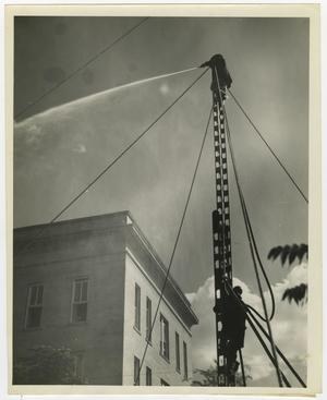 Primary view of object titled '[Men Standing on Extension Ladder]'.