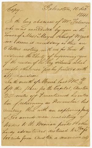 [Copy of Letter from Galveston to Messrs. Meyer & Sons of New York - December 10, 1841]
