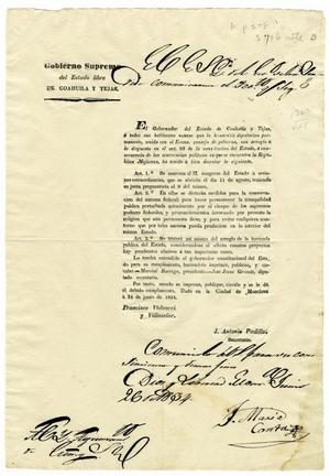 Primary view of object titled '[Proclamation from Francisco Vidaurri y Villaseñor - June 24, 1834]'.