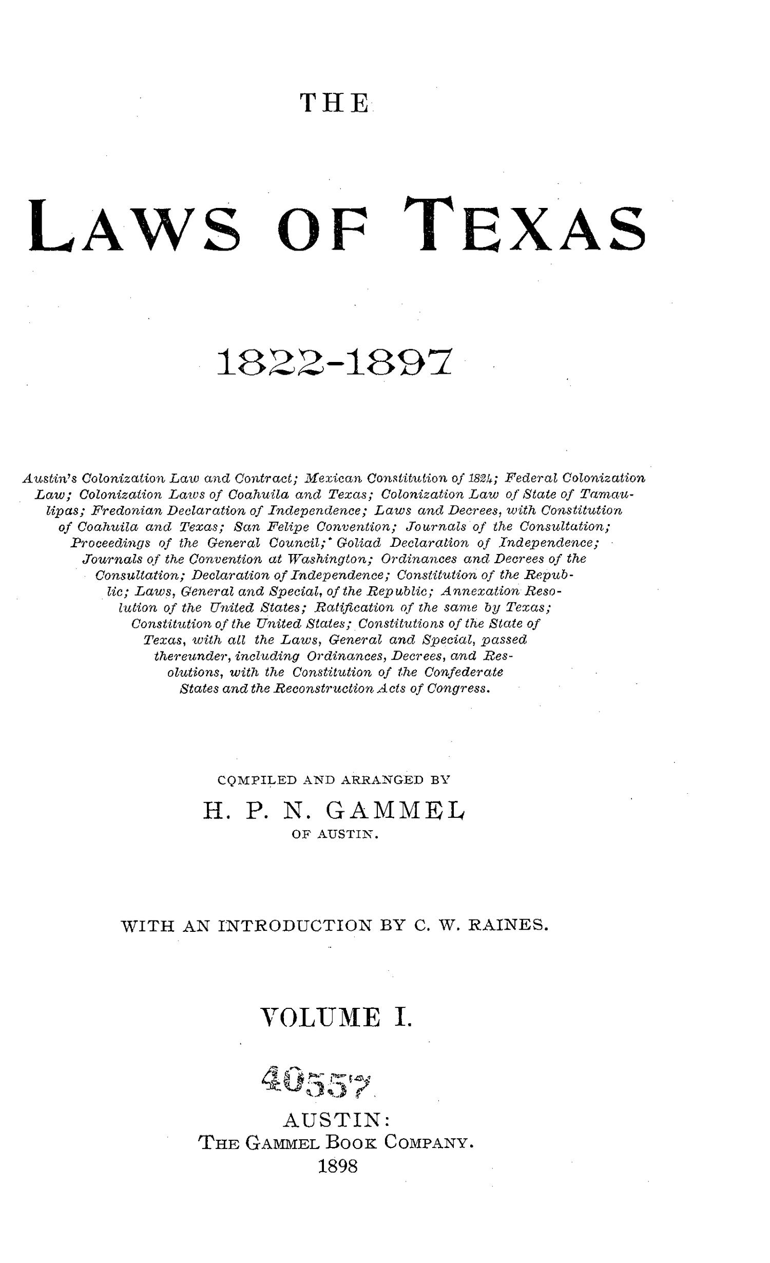 The Laws of Texas, 1822-1897 Volume 1
                                                
                                                    a
                                                
