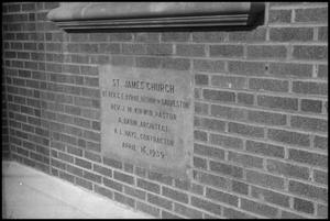 Primary view of object titled '[Photograph of St. James Catholic Church Cornerstone]'.
