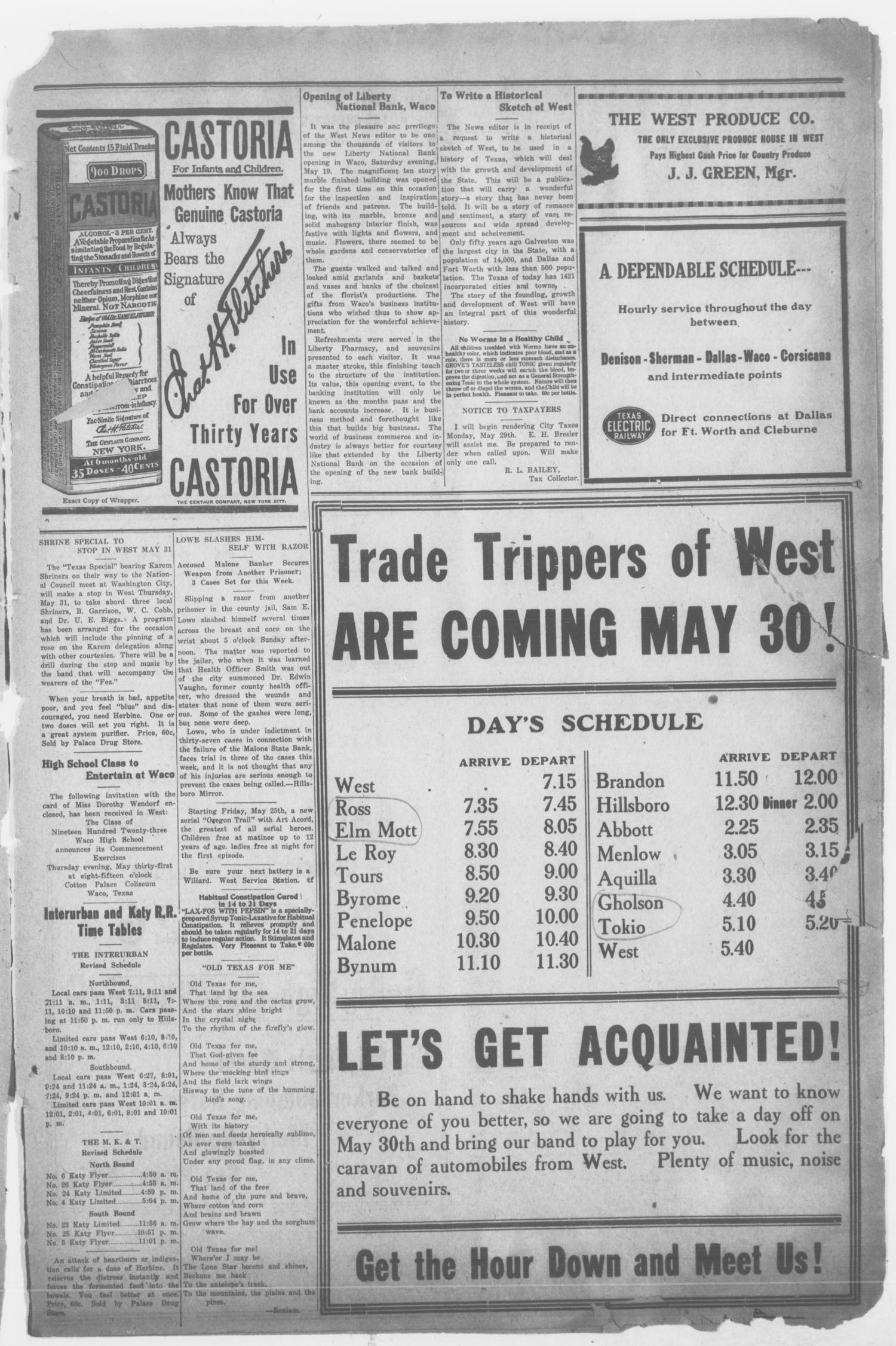The West Weekly News and Times. (West, Tex.), Vol. 34, No. 30, Ed. 1 Friday, May 25, 1923
                                                
                                                    [Sequence #]: 3 of 8
                                                