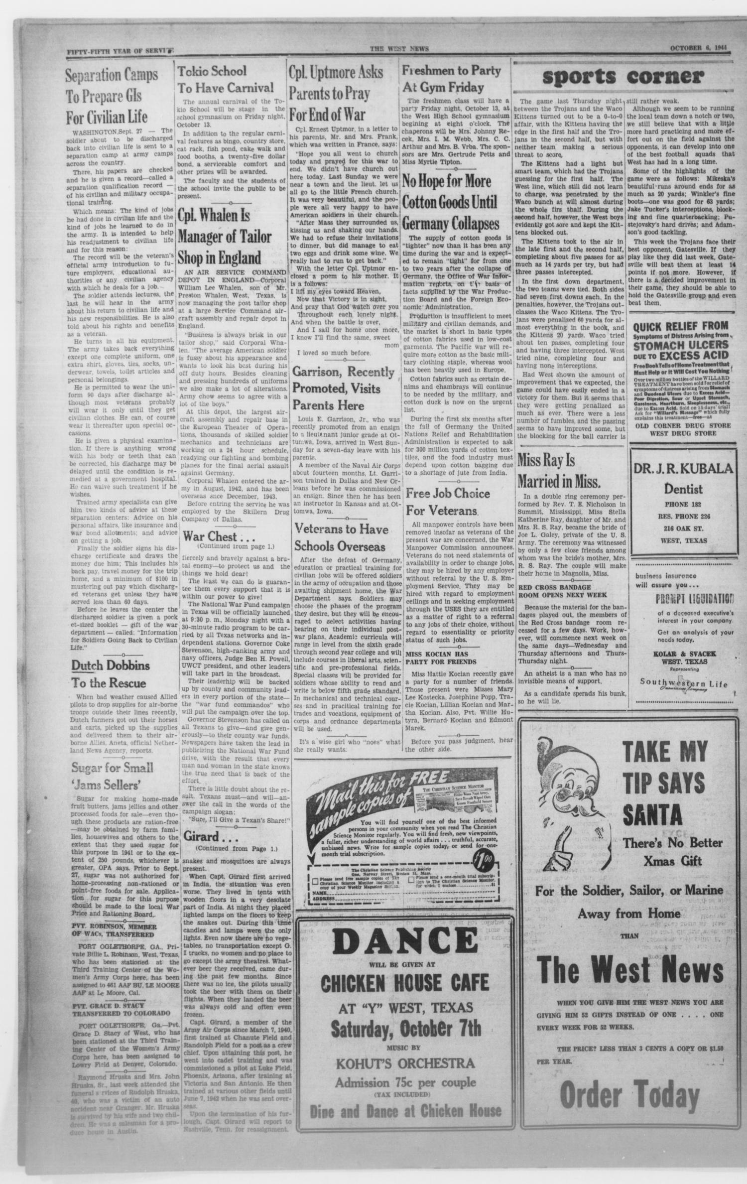 The West News (West, Tex.), Vol. 55, No. 20, Ed. 1 Friday, October 6, 1944
                                                
                                                    [Sequence #]: 8 of 8
                                                