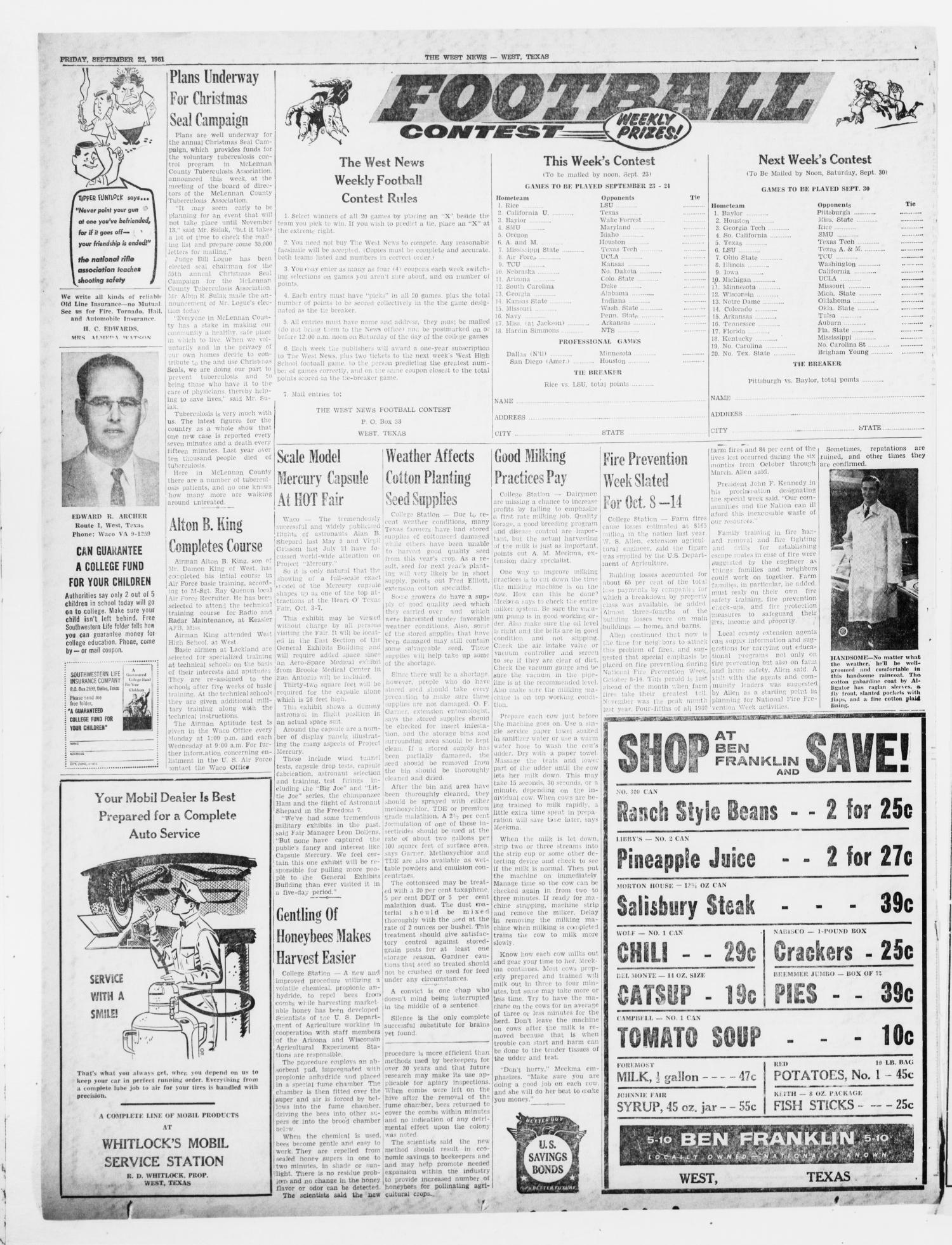 The West News (West, Tex.), Vol. 71, No. 21, Ed. 1 Friday, September 22, 1961
                                                
                                                    [Sequence #]: 6 of 8
                                                