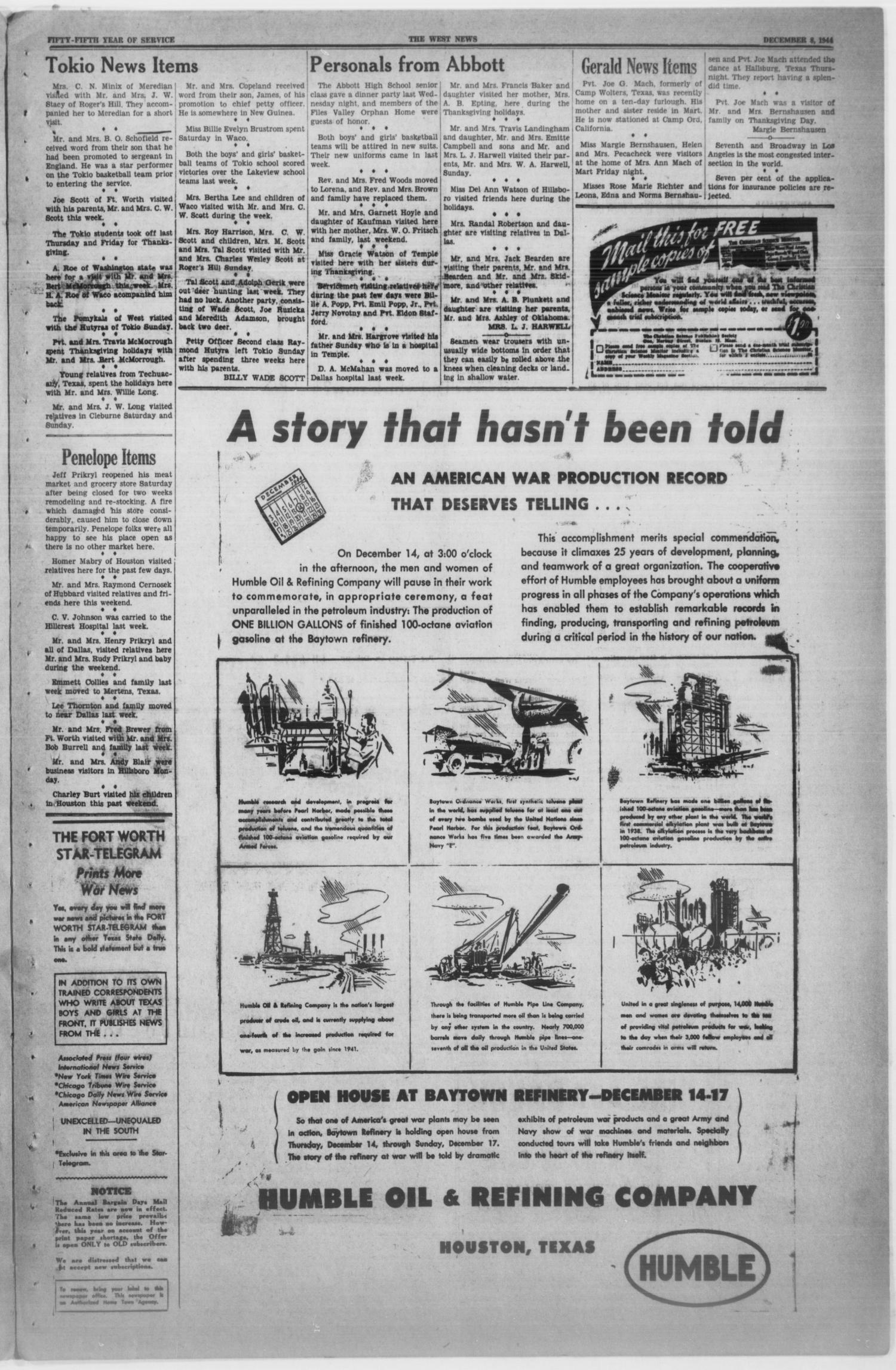 The West News (West, Tex.), Vol. 55, No. 29, Ed. 1 Friday, December 8, 1944
                                                
                                                    [Sequence #]: 3 of 8
                                                