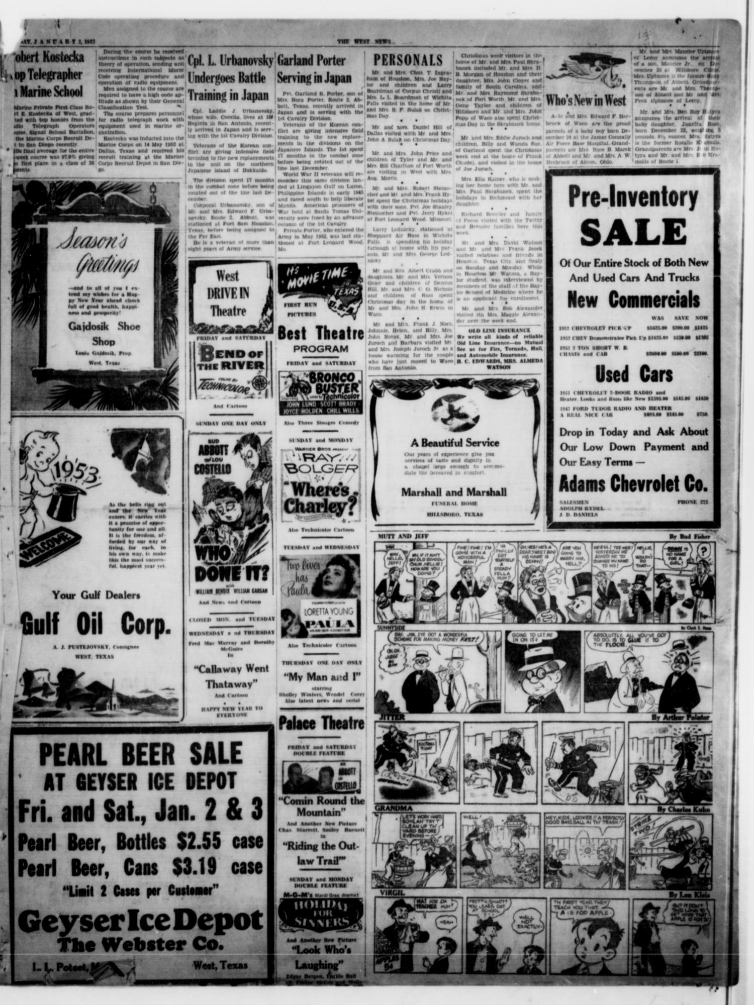 The West News (West, Tex.), Vol. 63, No. 34, Ed. 1 Friday, January 2, 1953
                                                
                                                    [Sequence #]: 3 of 6
                                                