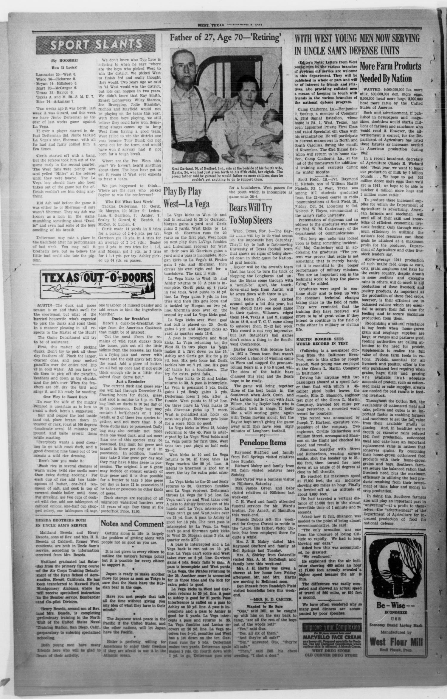 The West News (West, Tex.), Vol. 52, No. 23, Ed. 1 Friday, November 7, 1941
                                                
                                                    [Sequence #]: 8 of 8
                                                