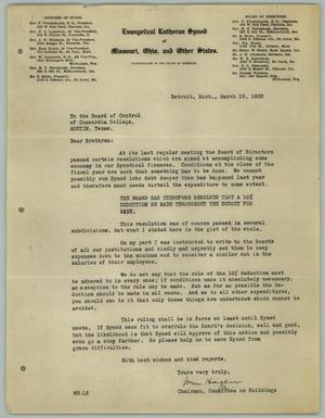 Primary view of object titled '[Letter from William Hagen to the Board of Control of Concordia College, March 15, 1932]'.