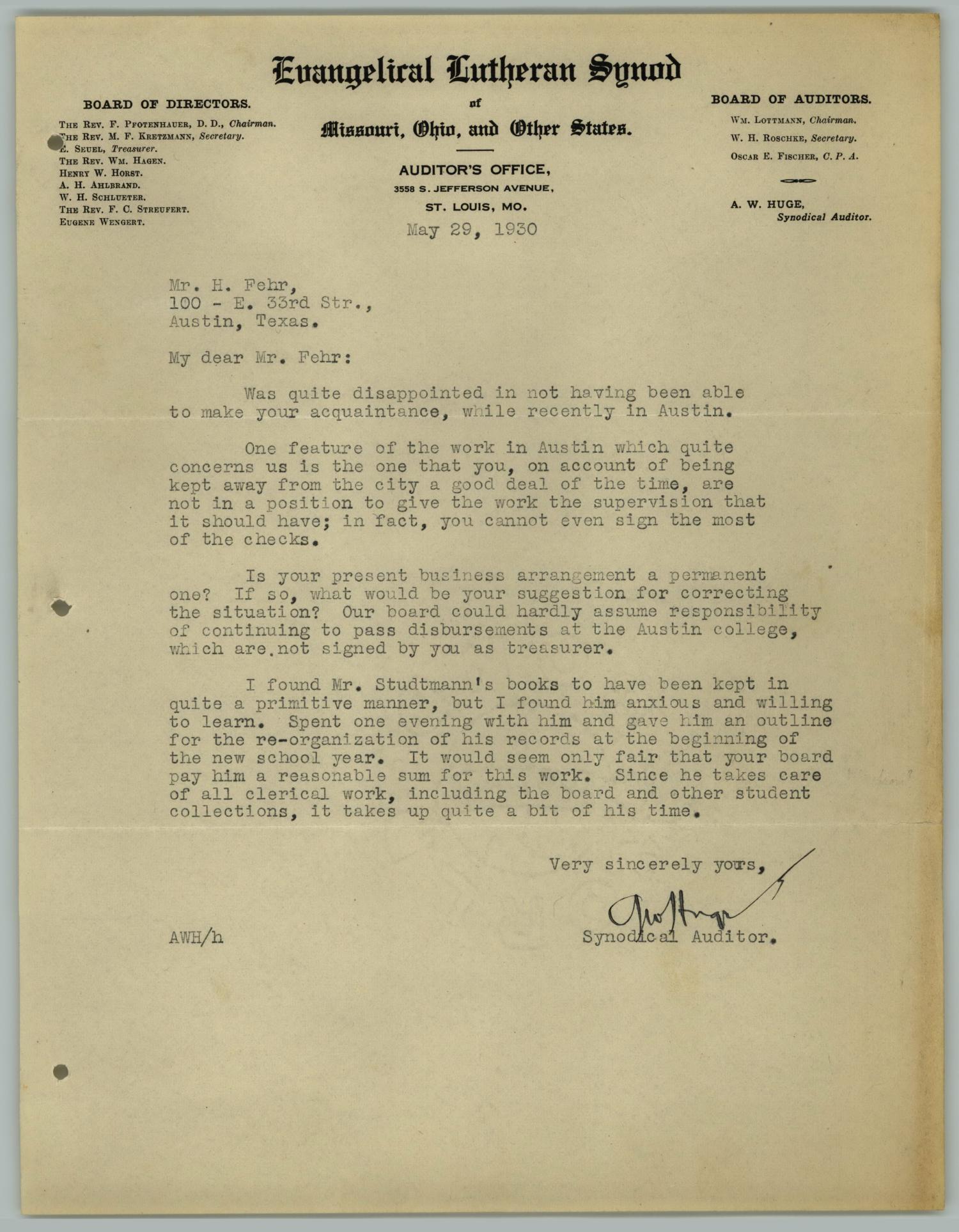 [Letter from A. W. Huge to H. Fehr, May 29, 1930] - The Portal to Texas ...