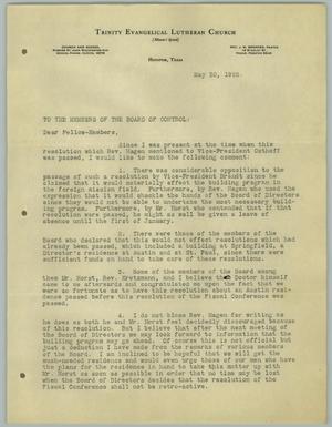 Primary view of object titled '[Letter from J. W. Behnken to the Board of Control, May 30, 1928]'.