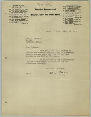 Primary view of object titled '[Letter from William Hagen to the Reverend R. Osthoff, September 16, 1932]'.