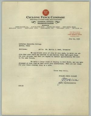 [Letter from the Cyclone Fence Company to Martin J. Neeb, July 24, 1939]