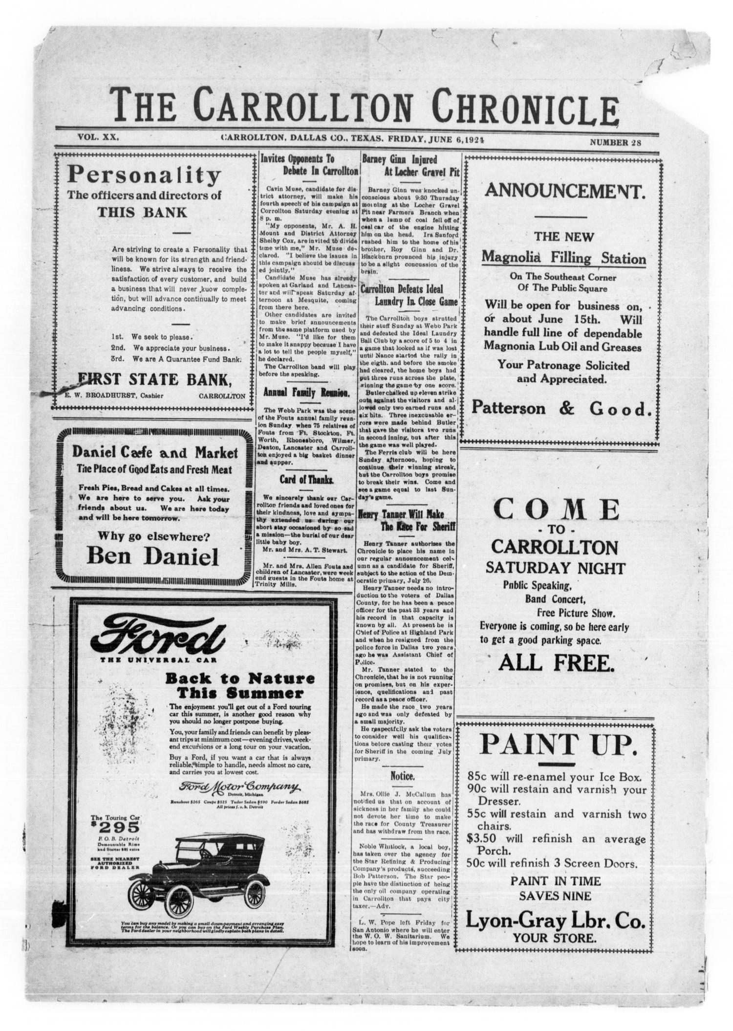 The Carrollton Chronicle (Carrollton, Tex.), Vol. 20, No. 28, Ed. 1 Friday, June 6, 1924
                                                
                                                    [Sequence #]: 1 of 8
                                                