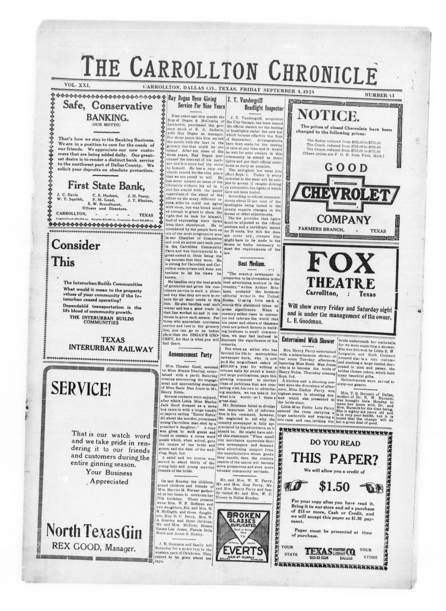 The Carrollton Chronicle (Carrollton, Tex.), Vol. 21, No. 41, Ed. 1 Friday, September 4, 1925
                                                
                                                    [Sequence #]: 1 of 8
                                                