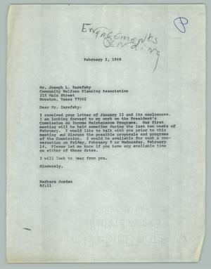 [Letter from Barbara C. Jordan to Joseph L. Zarefsky, February 2, 1968]