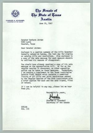 Primary view of object titled '[Letter from Charles A. Schnabel to Barbara C. Jordan, June 20, 1967]'.