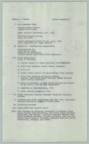 Primary view of object titled '[Resume, Barbara C. Jordan]'.