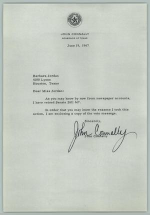 [Letter from John Connally to Barbara C. Jordan, June 19, 1967]