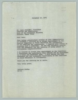 Primary view of object titled '[Correspondence between Leon Jaworski and Barbara C. Jordan, November 1971]'.
