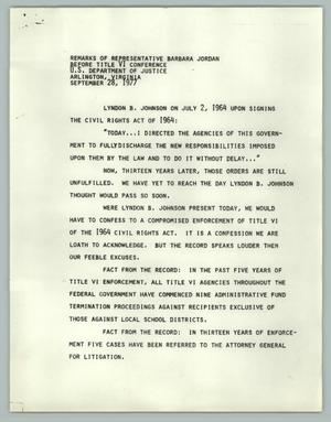 Remarks of Representative Barbara Jordan Before Title VI Conference, U.S. Department, September 28, 1977