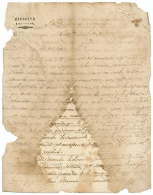 Primary view of object titled '[Letter from (Antonio Lopez de Santa Anna) to Lorenzo de Zavala, December 30, 1828]'.