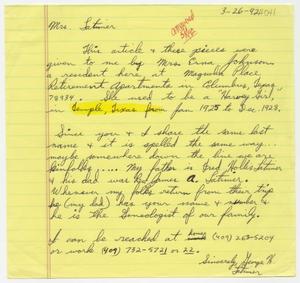 Primary view of object titled '[Letter from George H. Latimer to Rosa Walston Latimer - March 26, 1992]'.