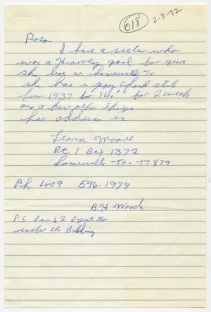 Primary view of object titled '[Letter from B. H. Wood to Rosa Walston Latimer - February 3, 1992]'.