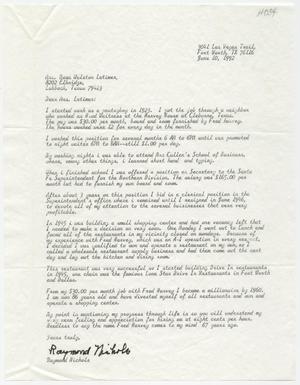 Primary view of object titled '[Letter from Raymond Nichols to Rosa Walston Latimer - June 10, 1992]'.