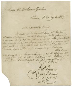 Primary view of object titled '[Letter from Santa Anna to Zavala, July 29, 1829]'.