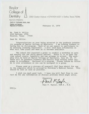 Primary view of [Letter from Paul P. Taylor to Todd Bradford Willis, February 12, 1979]