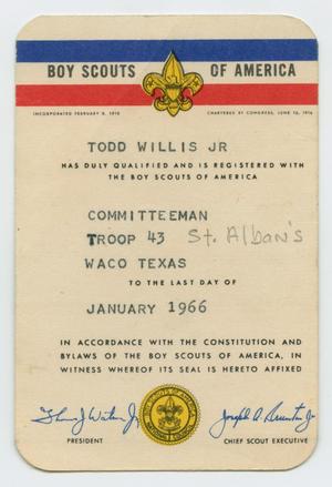 [John Todd Willis, Jr.'s Boy Scout Card, 1966]