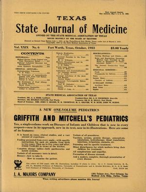 Primary view of object titled 'Texas State Journal of Medicine, Volume 29, Number 6, October 1933'.