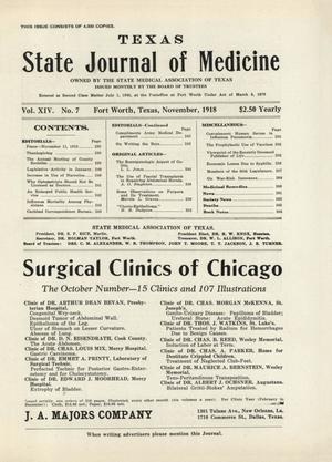 Primary view of object titled 'Texas State Journal of Medicine, Volume 14, Number 7, November 1918'.