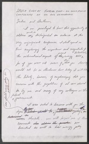 [John Tower Speech at Financial Times -- Oil Daily Forum Conference on Oil and Government, 1974?, Handwritten Draft no. 2]