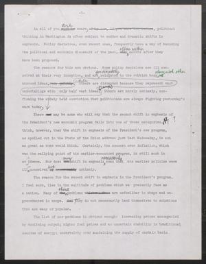 Primary view of object titled '[Draft: John Tower Speech to National Association of Home Builders and NE Retail Lumbermen's Association about proposed economic program, 1975?]'.